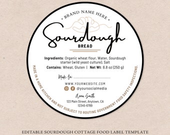 Sourdough Bread Cottage Food Label | Home Baked Goods Label | Printable Food Label | Cottage Baking Label | Ingredient Label Template