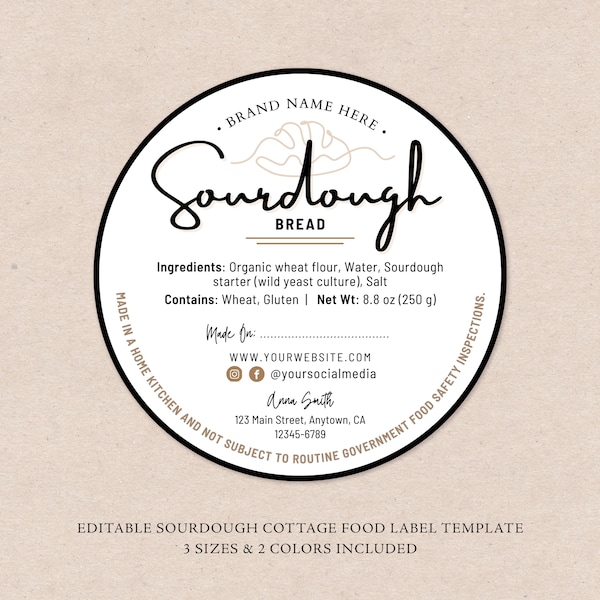 Sourdough Bread Cottage Food Label | Home Baked Goods Label | Printable Food Label | Cottage Baking Label | Ingredient Label Template