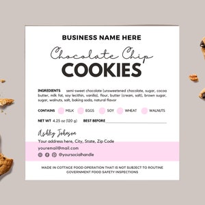 Cottage Food Label | Home Baked Goods Label | Printable Food Label | Cottage Baking Label | Ingredient Label Template | Home Bakery Stickers