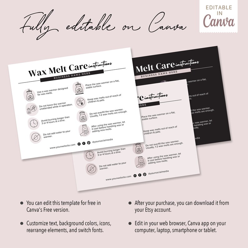 Wax Melts Care Card Editable Template Wax Melt Business Inserts Wax ...
