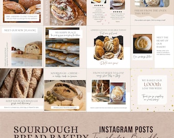 Plantillas de publicaciones de Instagram para panaderías / Plantilla de Instagram para masa madre / Diseños editables de Canva para negocios de masa madre / Marketing en redes sociales