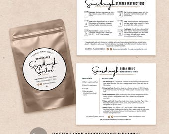 Dehydrated Sourdough Starter Label Template | Sourdough Starter Instructions Template | Sourdough Bread Recipe | Printable Bakery Care Cards