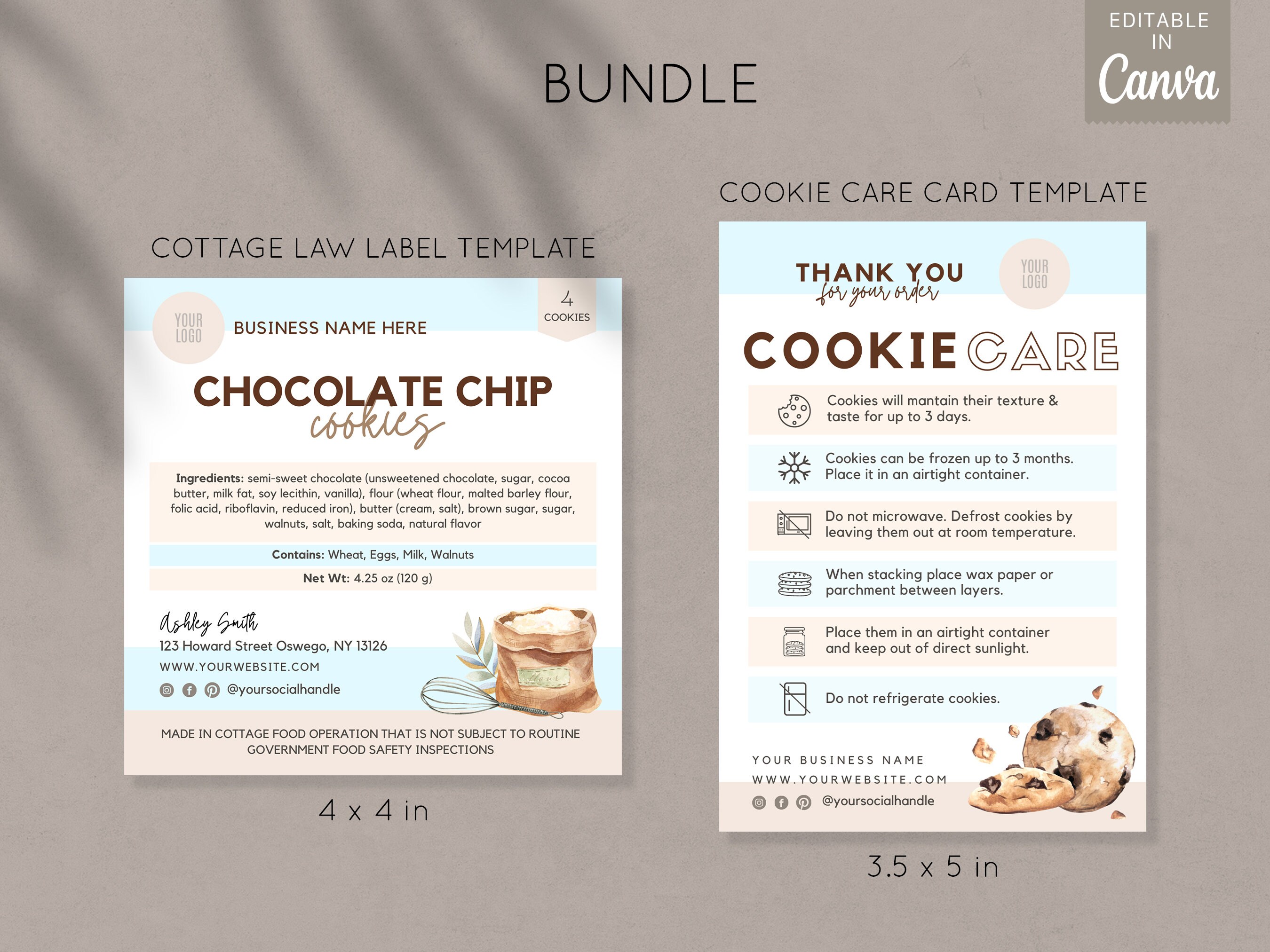 Cottage Law Label Cookie Care Card Bundle Template Etsy