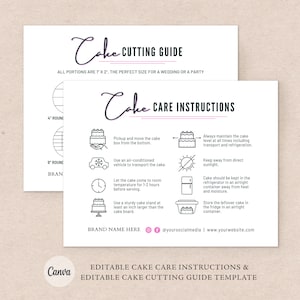 Cake Care Card Template | Editable Cake Cutting Guide Cards | Bakery Template | Printable Care Card | Cake Instructions | Instant Download