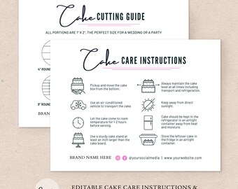 Editable Cake Care & Cutting Guide Template, Printable Cake Instruction Cards