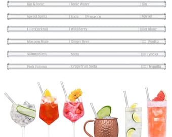 WORLD FIRST - Glass cocktail recipe book Glass straws with engraved dimensions for perfect mixing - set of 6