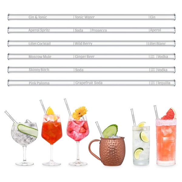 WORLD FIRST - Glass cocktail recipe book Glass straws with engraved dimensions for perfect mixing - set of 6