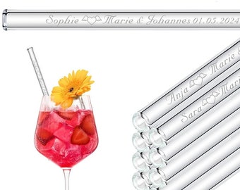 Wedding favor engraved glass straws with 10 individual guest names