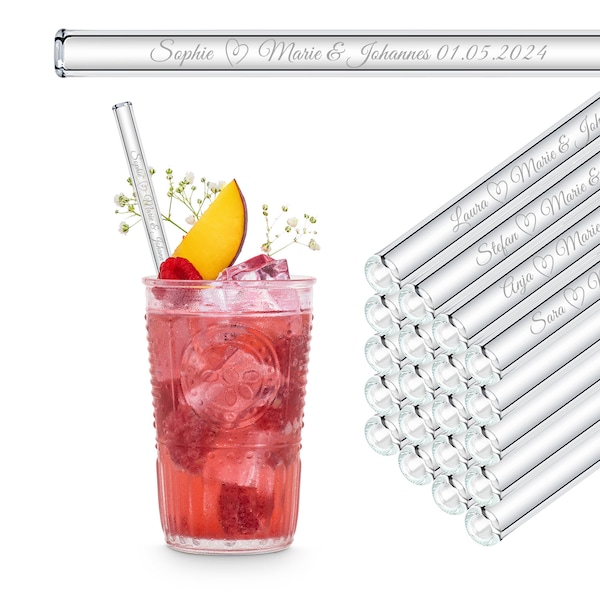 Wedding favor engraved glass straws with 50 individual guest names