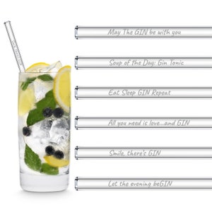 Gin Edition 6x 20 cm glass straws with engraved gin sayings in English