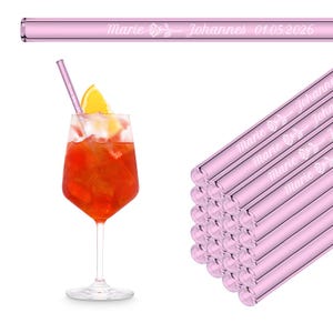 50x Hochzeit Gastgeschenk gravierte 20 cm Rosa Glasstrohhalme personalisiert individuellen Gast Namen