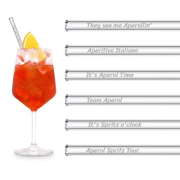 Aperol Spritz Sayings engraved glass straws with 6 funny toasts