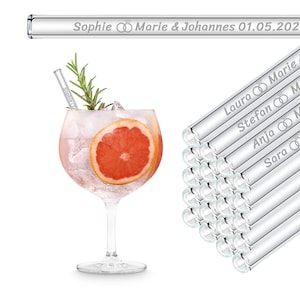 Wedding favor engraved glass straws with 50 individual guest names 15 cm cm