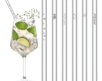 Sweet Cat Edition 6x glass straws with engraved tomcat & cat motifs 15 cm, 20 cm, 23 cm