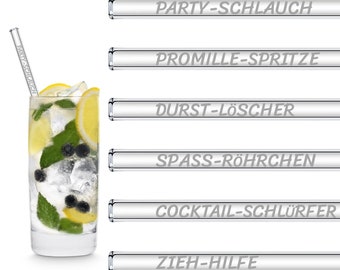 Funny Straw Name Edition 6x Pailles en verre pour cocktails de fête - 15 cm, 20 cm, 23 cm