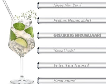 Glasstrohhalme mit gravierten Neujahrswünsche in 6 Sprachen Silvester Edition 6x 20cm Glastrinkhalm