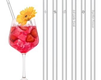Glass straws with engraved motifs for marriage wedding edition 6x 20 cm glass drinking straw