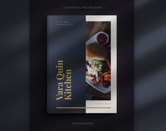 May include: A cookbook cover with a dark blue background and gold text that reads "Vara Quin Kitchen". The cover features a photo of a sandwich with fries and a small bowl of ketchup on a wooden table.