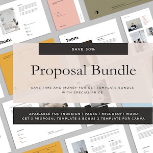 Könnte beinhalten: Ein Mockup eines Angebotspakets mit Vorlagen für InDesign, Pages und Microsoft Word. Das Paket enthält drei Angebotsvorlagen und zwei Bonusvorlagen für Canva. Der Text auf dem Bild lautet "Proposal Bundle", "Save Time and Money for Get Template Bundle with Special Price" und "Available for InDesign/Pages/Microsoft Word Get 3 Proposal Template & Bonus 2 Template for Canva".