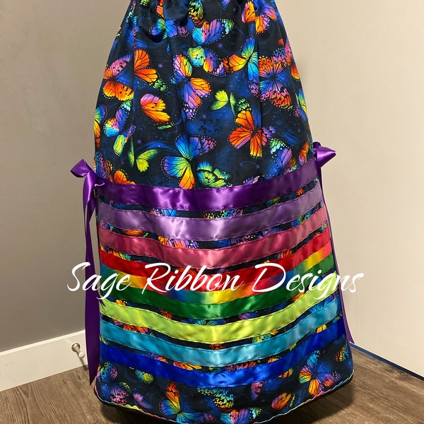 Rainbow Butterflies w Bows Ribbon Skirt