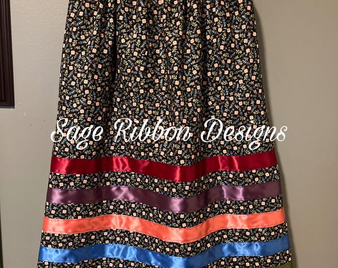 Handmade Ribbon Skirt White Florals w/ Blue/Green/Yellow Ribbons