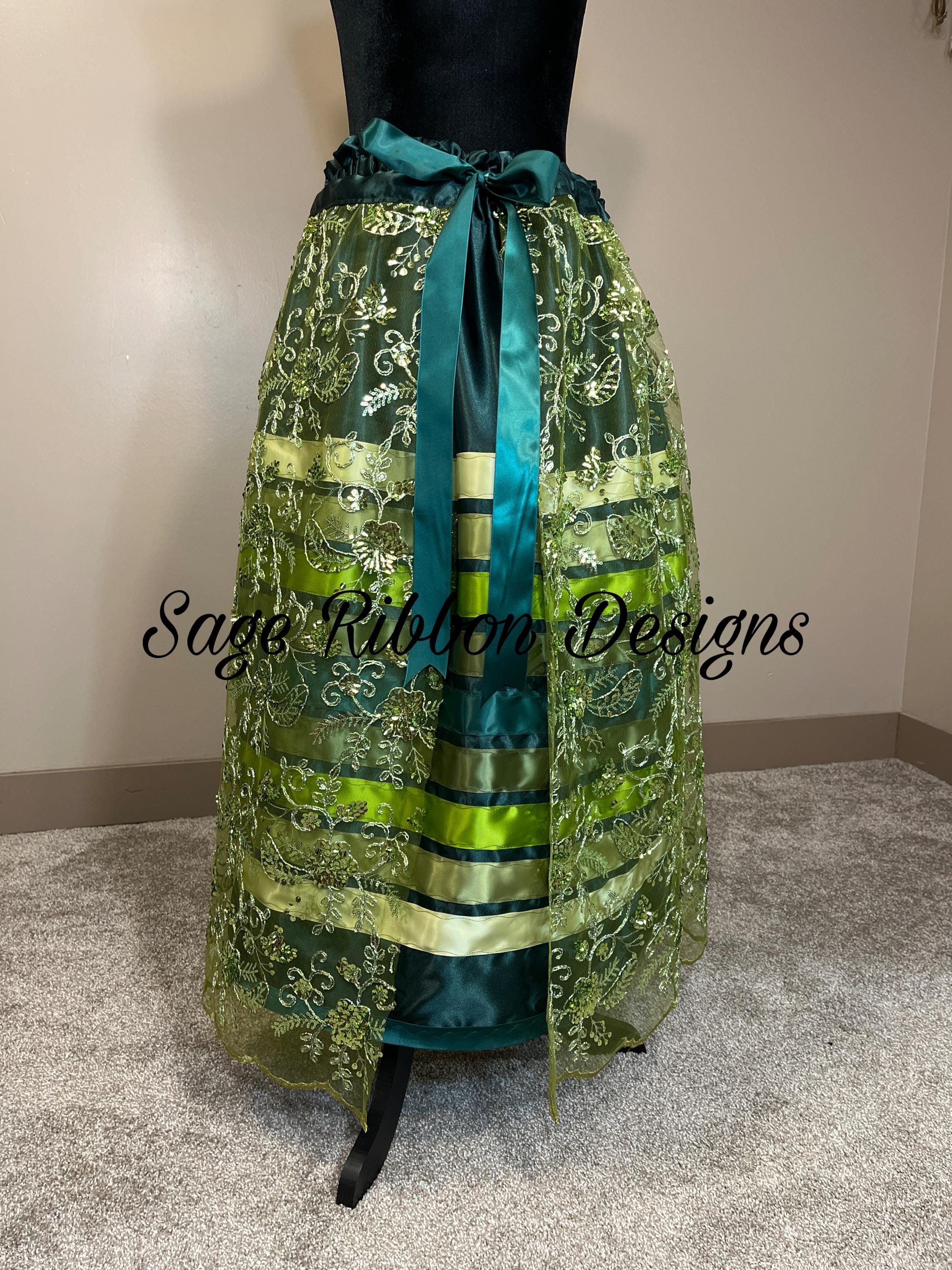 Green & Sage W Separate Sparkling Lace Overlay Ribbon Skirt