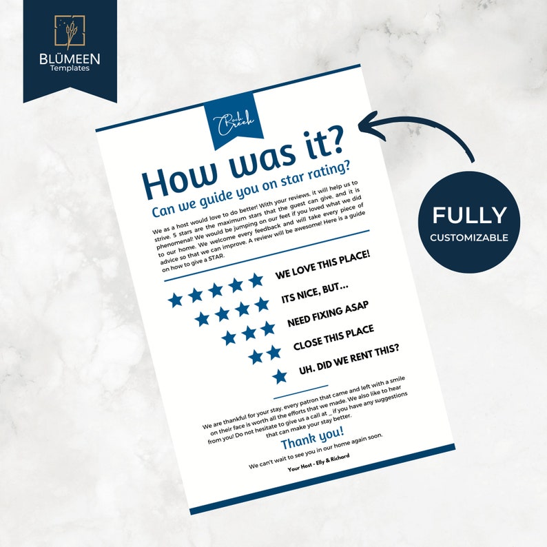 Minimalblue Airbnb Star Rating Sign Editable Template Etsy