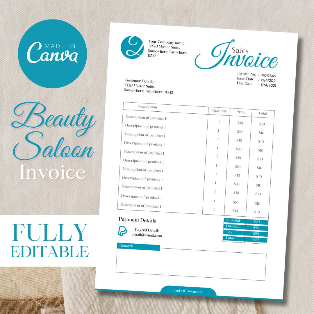 Cute Simple Blue Invoice Template for Saloon or Beautician - Etsy