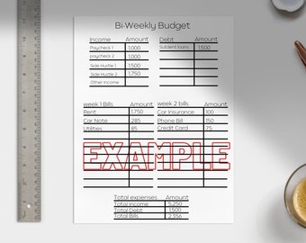 May include: A printable bi-weekly budget planner with sections for income, debt, week 1 bills, week 2 bills, and total expenses. The planner includes example amounts for each category. The word "EXAMPLE" is written in red across the middle of the page.