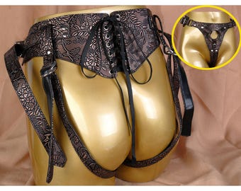 Brown Vegan Leather Strap-On Harness For Pegging: Floral Style, Adjustable Size, Heavy Waist Belt