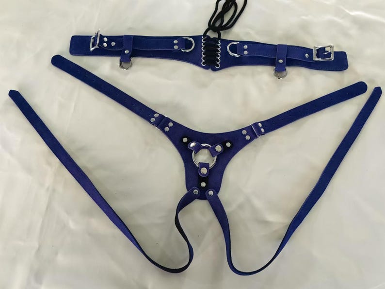 May include: A blue leather harness with a ring and straps. The harness has a separate blue leather belt with a buckle and eyelets.