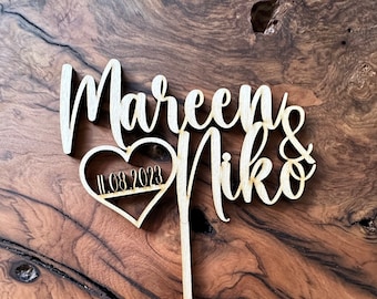 Gepersonaliseerde houten taarttopper met naam bruidstaarttopper