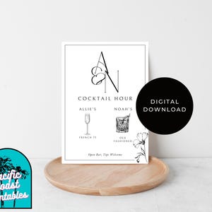 Bearbeitbarer Cocktail Happy Hour Getränke Menü Zeichen Vorlage Herbst Herbst Hochzeit Brautdusche Minimalistisch Schwarz / Weiß Sofortiger Digitaler Download 5 x 7