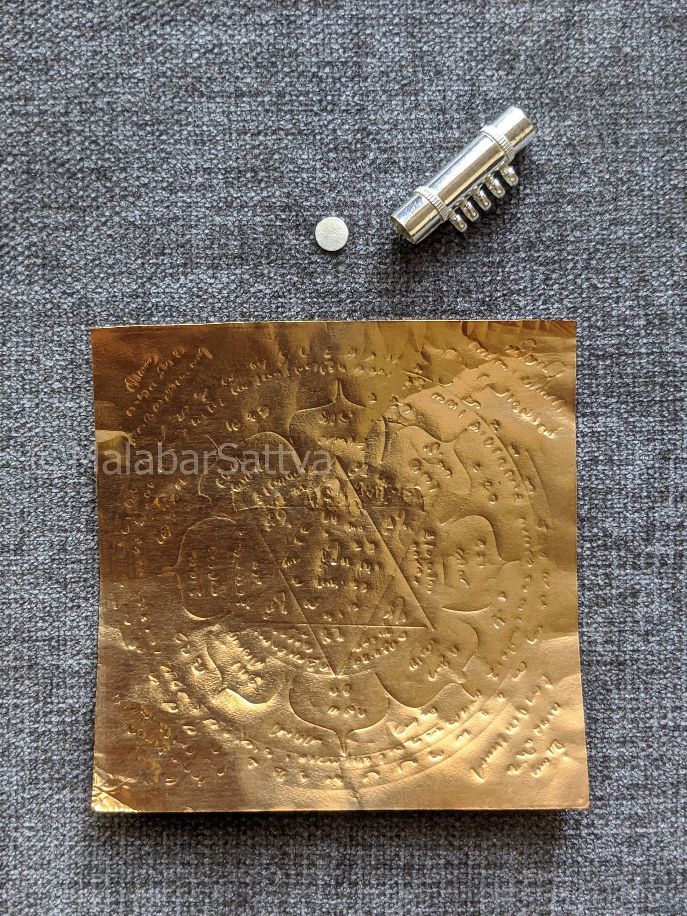 Rajagopala Yantra – Handmade – 9x9 cm Copper Yantra with Silver Thayathu & Energized Options