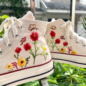 Embroidered Converse Butterflies And Chrysanthemums/Converse High Tops/Custom Converse Chuck Taylor 1970s Daisy And Sunflower