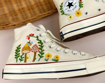 Custom Converse Embroidered Mushroom And Colorful Flowers/Converse High Top Chuck Taylor/Mushroom Embroidered Converse Custom
