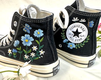 Embroidered Converse/Custom Converse High Top Chuck Taylor 1970s/Converse Embroidered With Blue And White Daisies And Monarch Butterflies