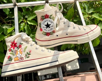 Converse High Tops/Embroidered Converse Corgi/Hand Embroidered Bright Flower Garden And Corgi/Sunflower Gifts/Gifts For Her