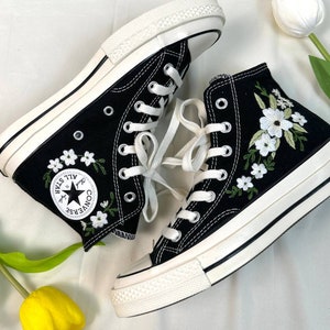 Embroidered Converse/Wedding Converse/Custom Converse White Chrysanthemum Flowers/Converse High Top Chuck Taylor 1970s/Embroidery Gifts image 2