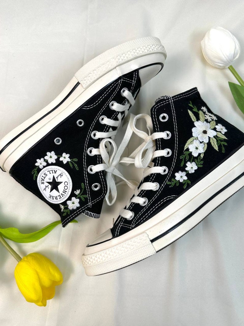 Embroidered Converse/Wedding Converse/Custom Converse White Chrysanthemum Flowers/Converse High Top Chuck Taylor 1970s/Embroidery Gifts image 2