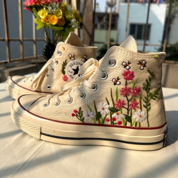 Embroidered Converse/Custom Converse High Top/Embroidered Floral/Converse Embroidered With Colorful Flower Garden