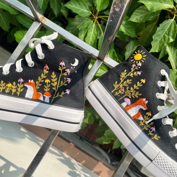 Embroidered Converse/Custom Converse 1970s Mushroom/Custom Sneakers Embroidery Wild Fox Flowers And Mushrooms/Converse High Tops/Gifts