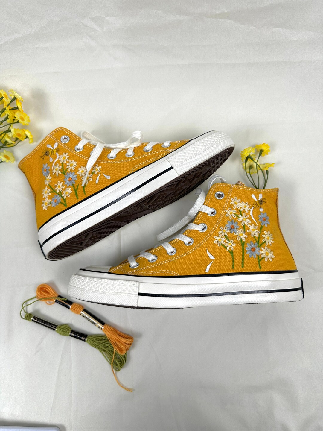 Embroidered Converse Daisy/custom Converse Floral/converse Hi Etsy