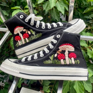 Embroidered Converse/Mushroom Gifts/Mushroom Embroidery Converse/Custom Red Mushroom Cluster And Colorful Grass Garden/Converse Gifts