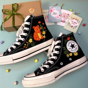 Embroidered Converse/Custom Converse High Top Chuck Taylor 1970s/Converse Embroidered With Brown Bear And Flower/Custom Sneaker