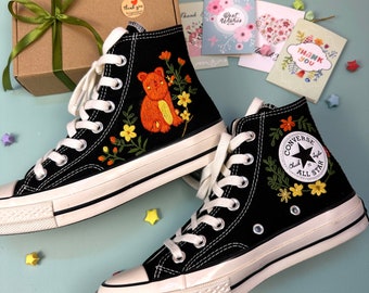 Embroidered Converse/Custom Converse High Top Chuck Taylor 1970s/Converse Embroidered With Brown Bear And Flower/Custom Sneaker