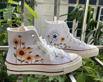 Embroidered Converse/Converse High Tops/Custom Converse Chuck Taylor 1970s Bright Sunflower Hill/Custom Logo Sunflower/Sunflower Gifts