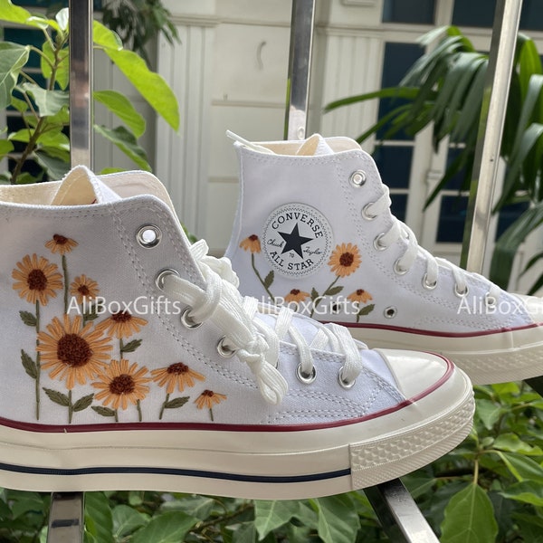 Embroidered Converse/Converse High Tops/Custom Converse Chuck Taylor 1970s Bright Sunflower Hill/Custom Logo Sunflower/Sunflower Gifts