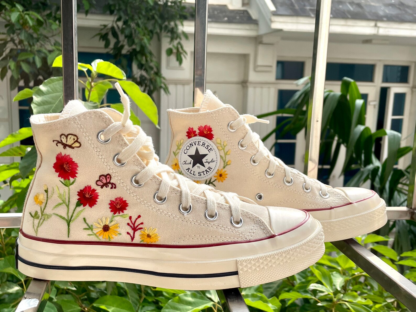 Embroidered Converse Butterflies and Chrysanthemums/converse High Tops