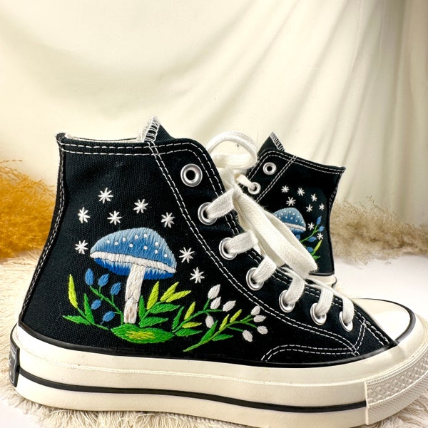 Custom Converse Embroidered Blue Mushroom And Small Flowers/ Converse High Top/ Wedding Sneaker/Gifts Converse/Gifts For Converse